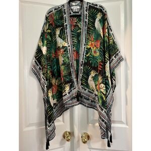 Nine West Kimono Cover Up Womens One Size Black Tropical Cockatoo Tassel Beach‎
